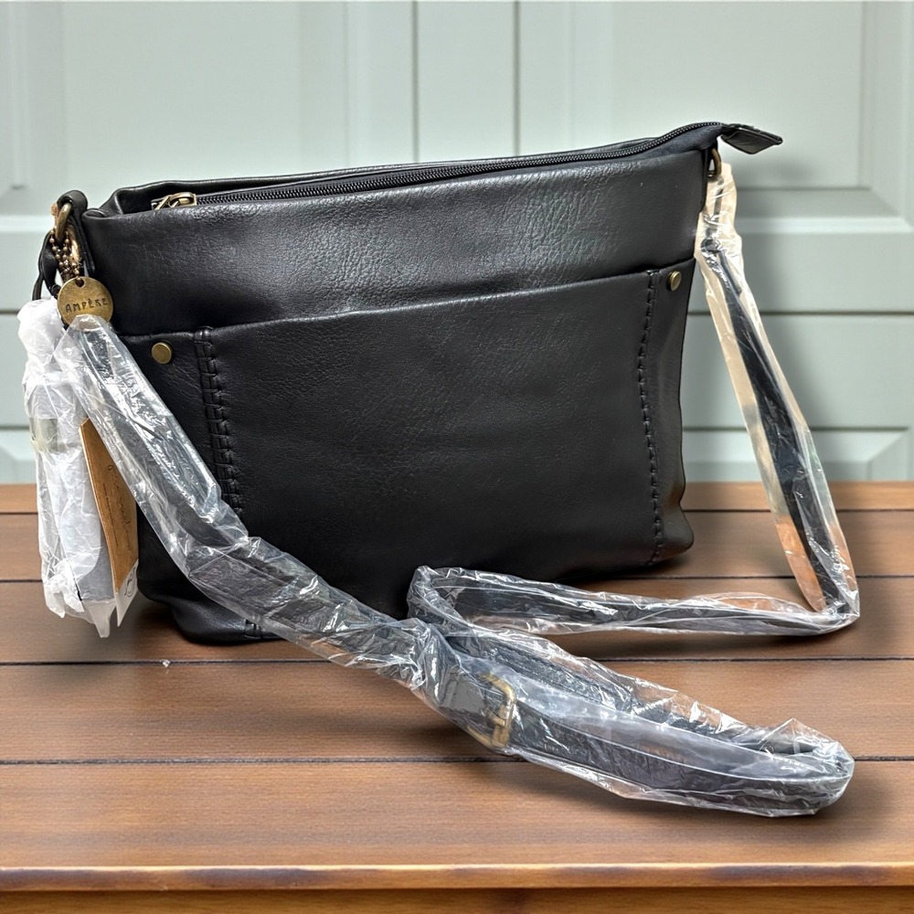 Ampere Creations Black Vegan Leather Crossbody Bag Whipstitch Detail New